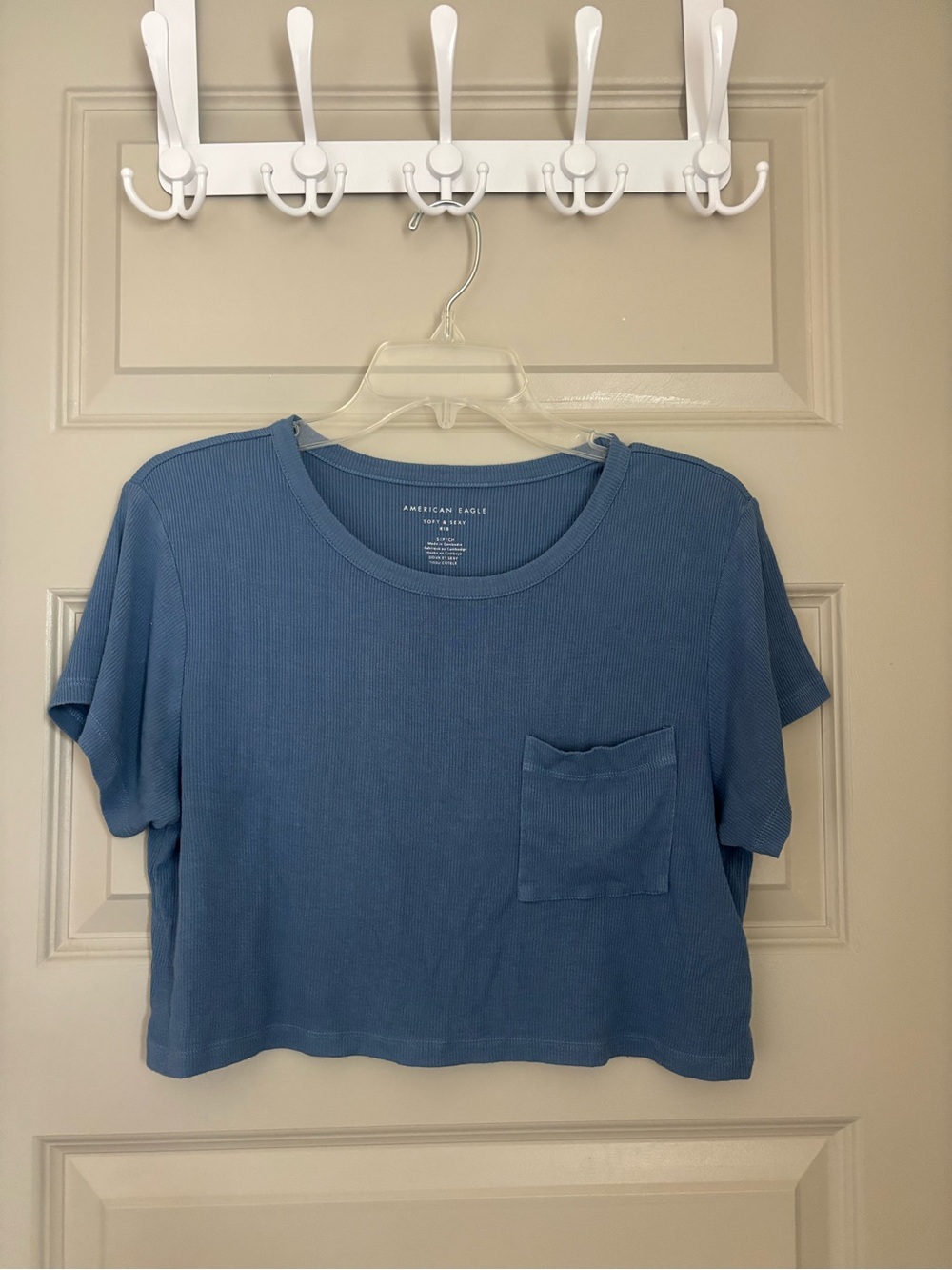 American Eagle Outfitters Dusty Blue Ribbed Crop Pocket Tee